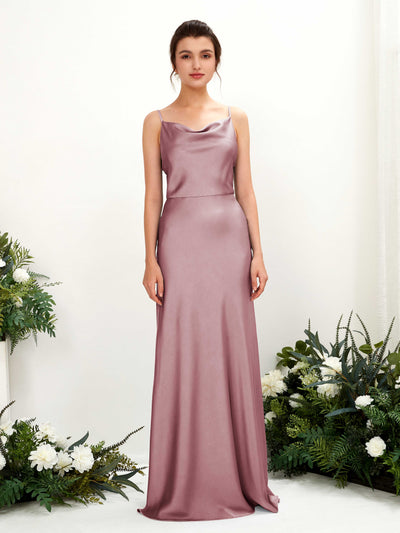 Carlyna Flora A-Line Rose Quartz Satin Bridesmaid Dress Maxi Sleeveless Cowl Neck Dress Front View #color_rose-quartz