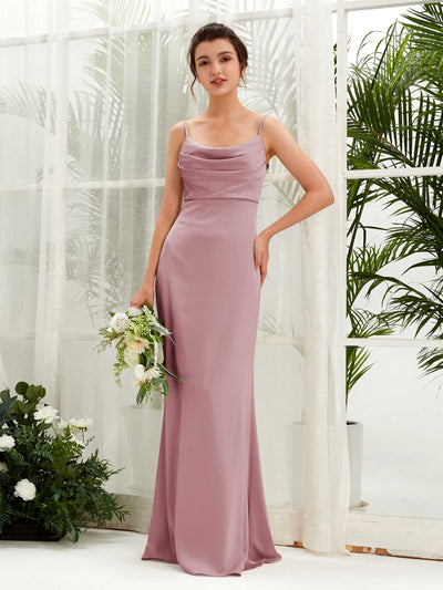 Carlyna Candice Sheath Rose Quartz Satin Bridesmaid Dress Maxi Sleeveless Cowl Neck Dress Front View #color_rose-quartz