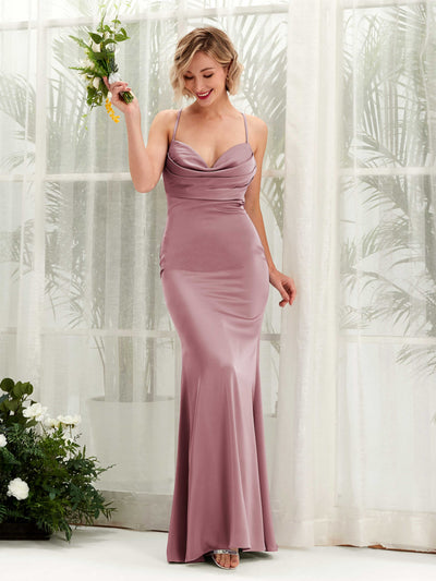 Carlyna Regina Mermaid Rose Quartz Satin Bridesmaid Dress Maxi Sleeveless Cowl Neck Dress #color_rose-quartz