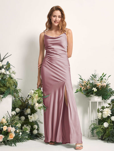 Carlyna Miranda Mermaid Rose Quartz Satin Bridesmaid Dress Maxi Sleeveless Cowl Neck Dress #color_rose-quartz