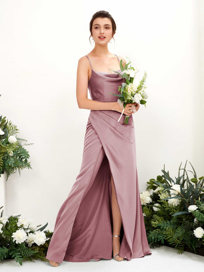 Carlyna Mavis Slim Rose Quartz Satin Bridesmaid Dress Maxi Sleeveless Cowl Neck Dress #color_rose-quartz