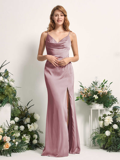 Carlyna Hayley Mermaid Rose Quartz Satin Bridesmaid Dress Maxi Sleeveless V-Neck Dress Front View #color_rose-quartz