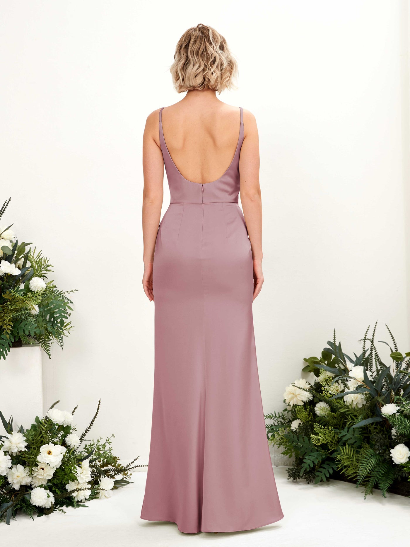 Spaghetti-straps V-neck Sleeveless Satin Bridesmaid Dress - Rose Quartz (80220766)#color_rose-quartz
