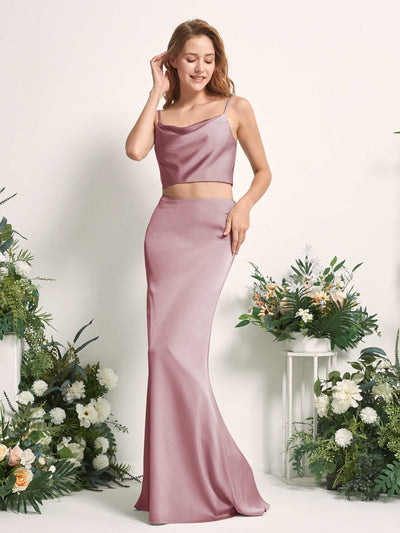 Carlyna Felicity Two-Piece Rose Quartz Satin Bridesmaid Dress Maxi Sleeveless Cowl Neck Dress Front View #color_rose-quartz