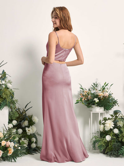 Carlyna Felicity Two-Piece Rose Quartz Satin Bridesmaid Dress Maxi Sleeveless Cowl Neck Dress Back View #color_rose-quartz