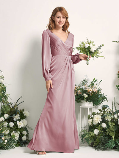 Carlyna Taylor Mermaid Rose Quartz Satin Bridesmaid Dress Maxi Long Sleeve V-Neck  #color_rose-quartz