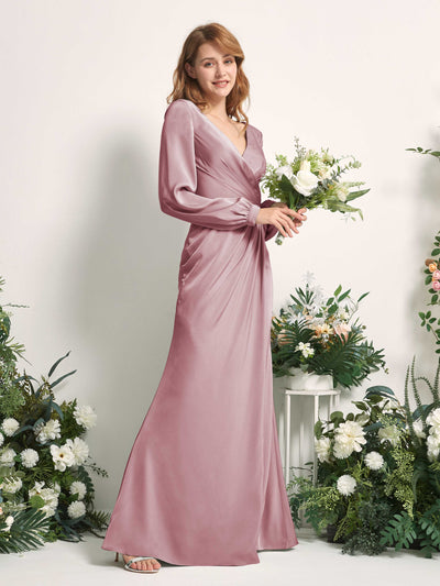 Carlyna Taylor Mermaid Rose Quartz Satin Bridesmaid Dress Maxi Long Sleeve V-Neck  #color_rose-quartz