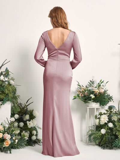 Carlyna Taylor Mermaid Rose Quartz Satin Bridesmaid Dress Maxi Long Sleeve V-Neck  #color_rose-quartz