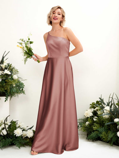 Carlyna Dinah A-Line Desert Rose Satin Bridesmaid Dress Maxi Sleeveless One Shoulder Dress Front View #color_desert-rose