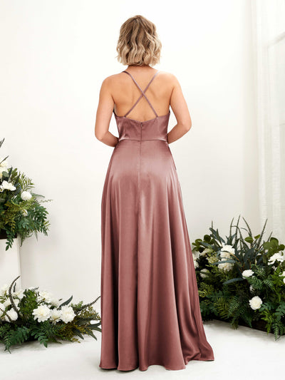 Carlyna Nydia A-Line Desert Rose Satin Bridesmaid Dress Maxi Sleeveless Cowl Neck Dress #color_desert-rose