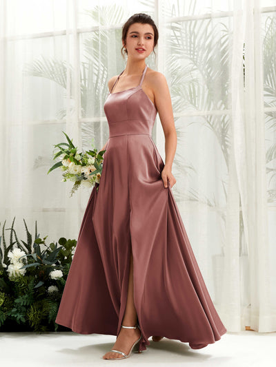 Carlyna Jocelyn A-Line Desert Rose Satin Bridesmaid Dress Maxi Sleeveless Halter Dress #color_desert-rose