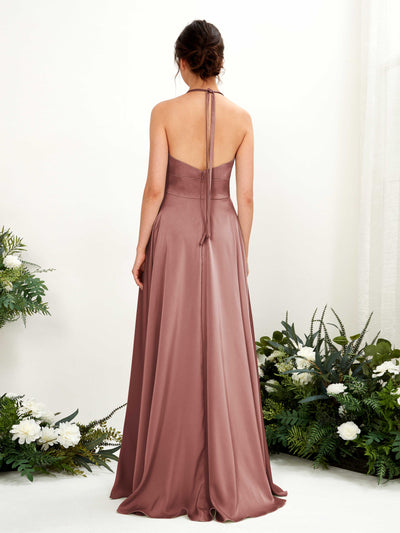 Carlyna Jocelyn A-Line Desert Rose Satin Bridesmaid Dress Maxi Sleeveless Halter Dress #color_desert-rose