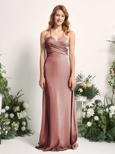 Carlyna Allison A-Line Desert Rose Satin Bridesmaid Dress Maxi Sleeveless V-Neck Dress Front View #color_desert-rose