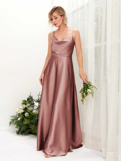 Carlyna Wallis A-Line Desert Rose Satin Bridesmaid Dress Maxi Sleeveless Cowl Neck Dress #color_desert-rose