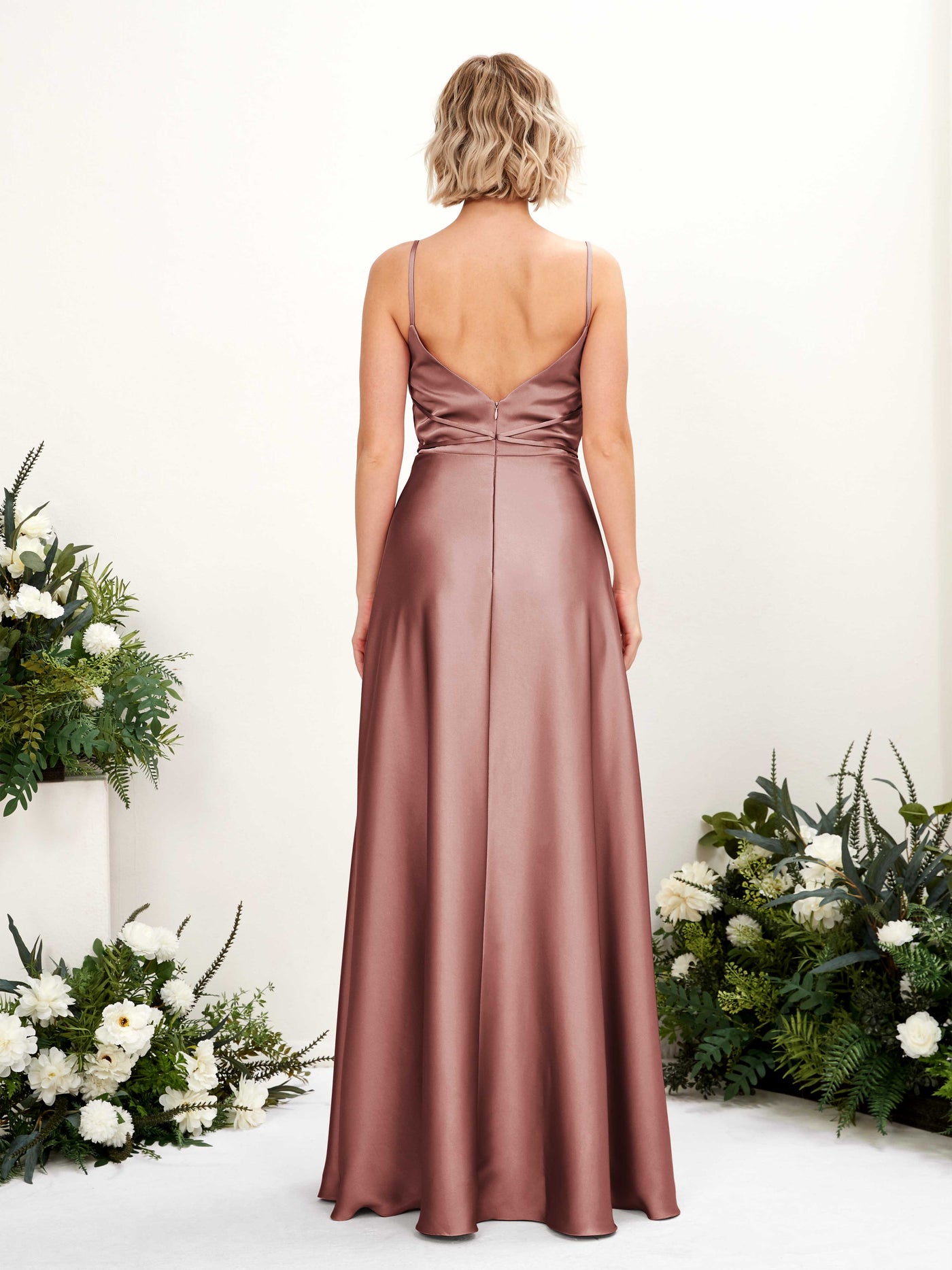 A-line Straps Sleeveless Satin Bridesmaid Dress - Desert Rose (80223117)#color_desert-rose