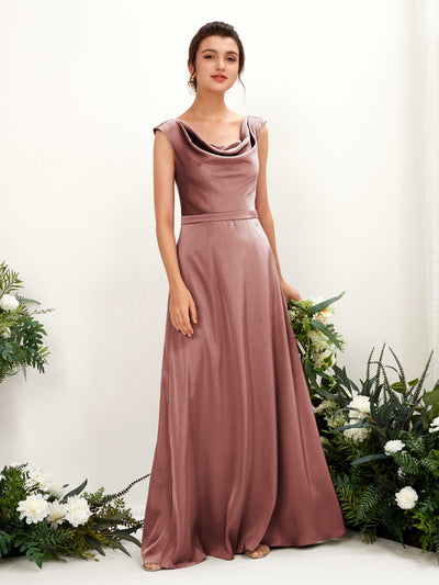 Carlyna Irma A-Line Desert Rose Satin Bridesmaid Dress Maxi Sleeveless Cowl Neck Dress Front View #color_desert-rose