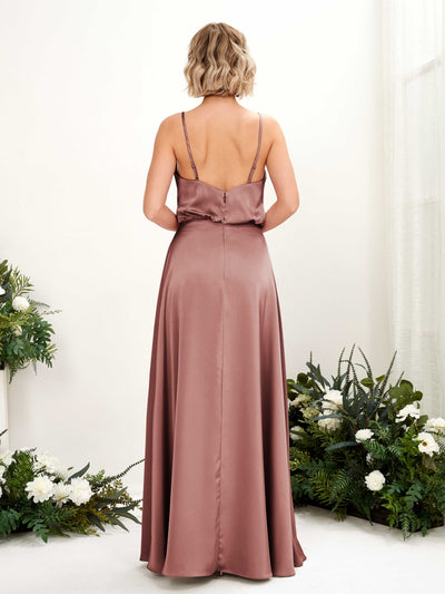 Carlyna Nora A-Line Desert Rose Satin Bridesmaid Dress Maxi Sleeveless V-Neck Dress #color_desert-rose
