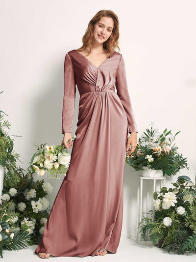 Carlyna Alicia Mermaid Desert Rose Satin Bridesmaid Dress Maxi Long Sleeve V-Neck Front View #color_desert-rose