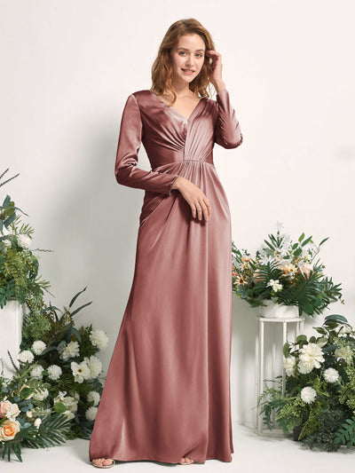 Carlyna Alicia Mermaid Desert Rose Satin Bridesmaid Dress Maxi Long Sleeve V-Neck Side View 2 #color_desert-rose
