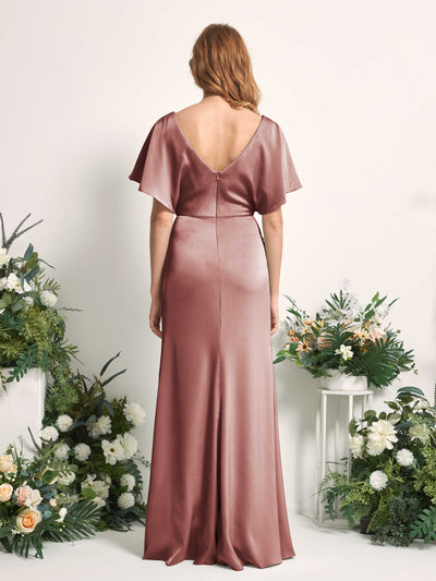Carlyna Bailey A-Line Desert Rose Satin Bridesmaid Dress Maxi Cap Sleeve V-Neck Dress Back View #color_desert-rose