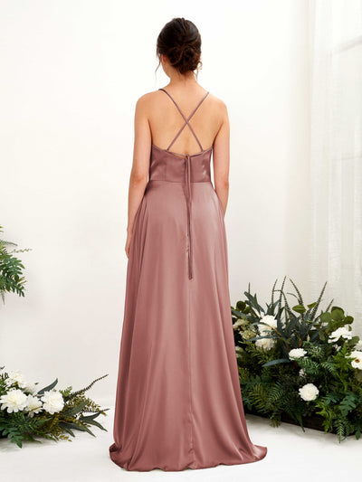 Carlyna Theresa A-Line Desert Rose Satin Bridesmaid Dress Maxi Sleeveless Cowl Neck Dress #color_desert-rose