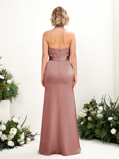 Carlyna Edwina Mermaid Desert Rose Satin Bridesmaid Dress Maxi Sleeveless Halter Dress Back View #color_desert-rose