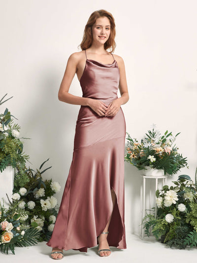 Carlyna Florence Mermaid Desert Rose Satin Bridesmaid Dress Maxi Sleeveless Cowl Neck Dress Side View 2 #color_desert-rose