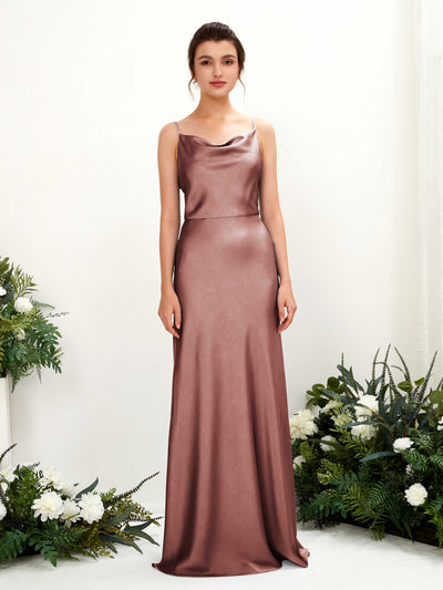 Carlyna Flora A-Line Desert Rose Satin Bridesmaid Dress Maxi Sleeveless Cowl Neck Dress Front View #color_desert-rose