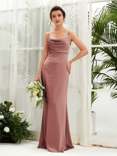 Carlyna Candice Sheath Desert Rose Satin Bridesmaid Dress Maxi Sleeveless Cowl Neck Dress Front View #color_desert-rose