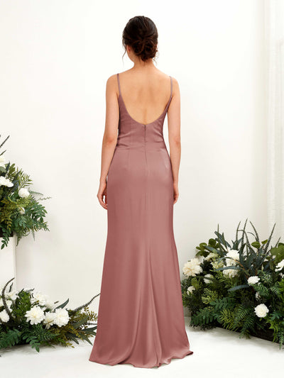 Carlyna Candice Sheath Desert Rose Satin Bridesmaid Dress Maxi Sleeveless Cowl Neck Dress Back View #color_desert-rose