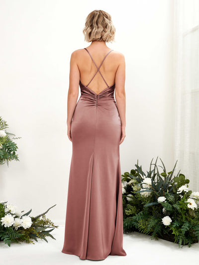Carlyna Regina Mermaid Desert Rose Satin Bridesmaid Dress Maxi Sleeveless Cowl Neck Dress #color_desert-rose