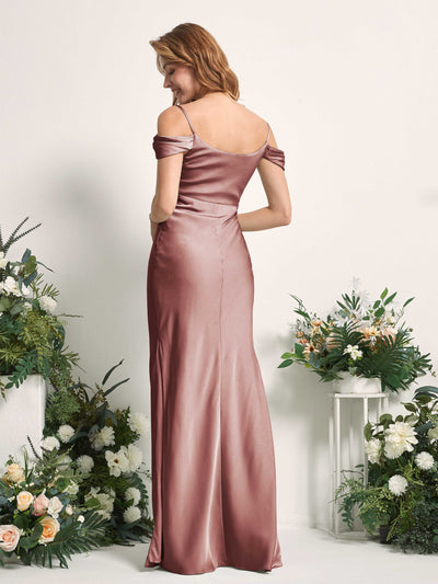 Carlyna Alexis Mermaid Desert Rose Satin Bridesmaid Dress Maxi Sleeveless Cowl Neck Dress Back View #color_desert-rose