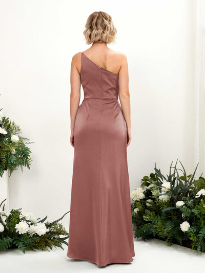 Carlyna Hedy Sheath Desert Rose Satin Bridesmaid Dress Maxi Sleeveless One Shoulder Dress Back View #color_desert-rose