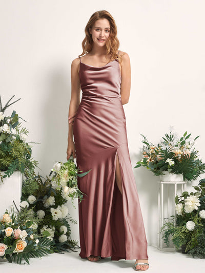 Carlyna Miranda Mermaid Desert Rose Satin Bridesmaid Dress Maxi Sleeveless Cowl Neck Dress #color_desert-rose