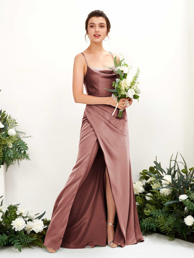 Carlyna Mavis Slim Desert Rose Satin Bridesmaid Dress Maxi Sleeveless Cowl Neck Dress #color_desert-rose