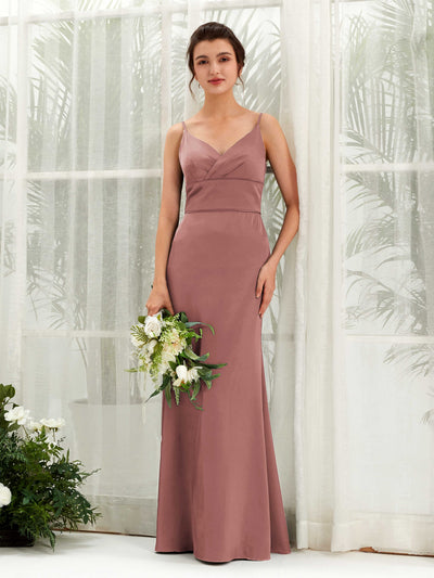 Carlyna Kama Mermaid Desert Rose Satin Bridesmaid Dress Maxi Sleeveless V-Neck Dress #color_desert-rose