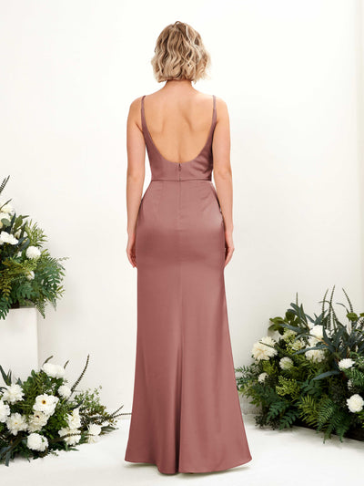 Carlyna Agatha Mermaid Desert Rose Satin Bridesmaid Dress Maxi Sleeveless V-Neck Dress Back View #color_desert-rose