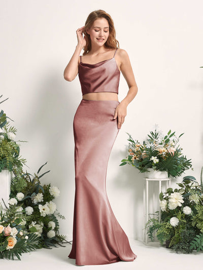 Carlyna Felicity Two-Piece Desert Rose Satin Bridesmaid Dress Maxi Sleeveless Cowl Neck Dress Front View #color_desert-rose