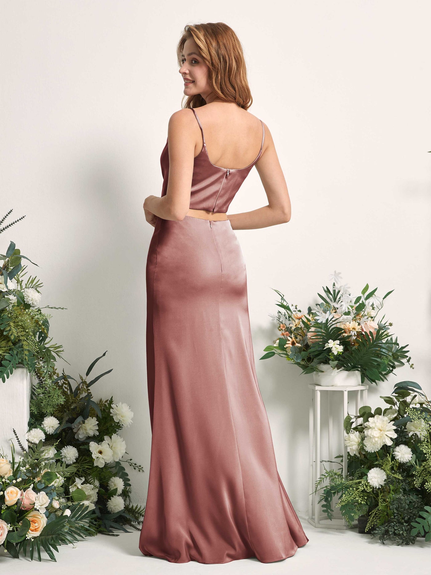 Dusty Blue Satin Two-Piece Bridesmaid Dress Mermaid Cowl Neck Maxi Carlyna UK 99.00 Dusty Blue Satin Two-Piece Bridesmaid Dress Mermaid Cowl Neck Maxi Carlyna UK 99.00