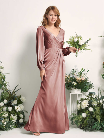 Carlyna Taylor Mermaid Desert Rose Satin Bridesmaid Dress Maxi Long Sleeve V-Neck  #color_desert-rose