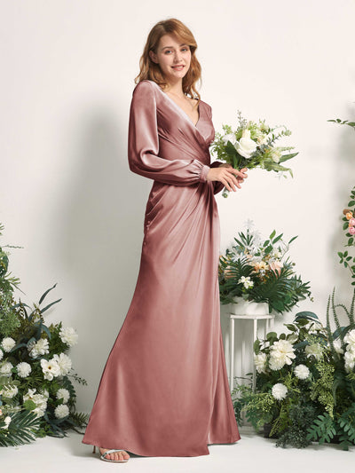 Carlyna Taylor Mermaid Desert Rose Satin Bridesmaid Dress Maxi Long Sleeve V-Neck  #color_desert-rose