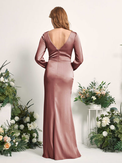 Carlyna Taylor Mermaid Desert Rose Satin Bridesmaid Dress Maxi Long Sleeve V-Neck  #color_desert-rose