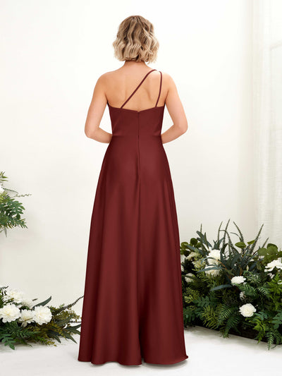 Carlyna Dinah A-Line Burgundy Satin Bridesmaid Dress Maxi Sleeveless One Shoulder Dress Back View #color_burgundy