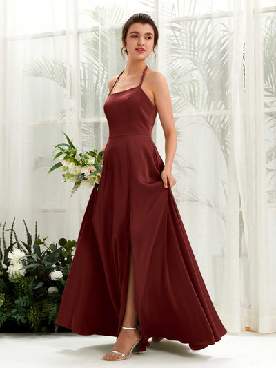 Carlyna Jocelyn A-Line Burgundy Satin Bridesmaid Dress Maxi Sleeveless Halter Dress #color_burgundy