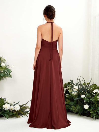 Carlyna Jocelyn A-Line Burgundy Satin Bridesmaid Dress Maxi Sleeveless Halter Dress #color_burgundy