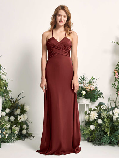 Carlyna Allison A-Line Burgundy Satin Bridesmaid Dress Maxi Sleeveless V-Neck Dress Front View #color_burgundy