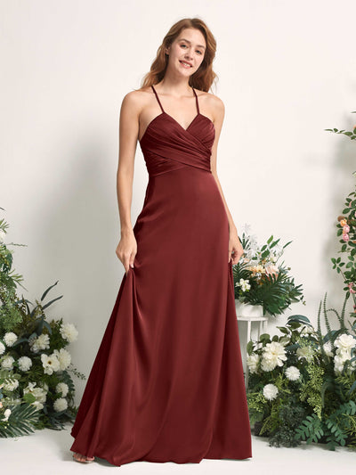 Carlyna Allison A-Line Burgundy Satin Bridesmaid Dress Maxi Sleeveless V-Neck Dress Side View 2 #color_burgundy