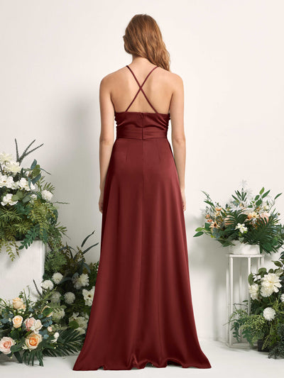 Carlyna Allison A-Line Burgundy Satin Bridesmaid Dress Maxi Sleeveless V-Neck Dress Back View #color_burgundy