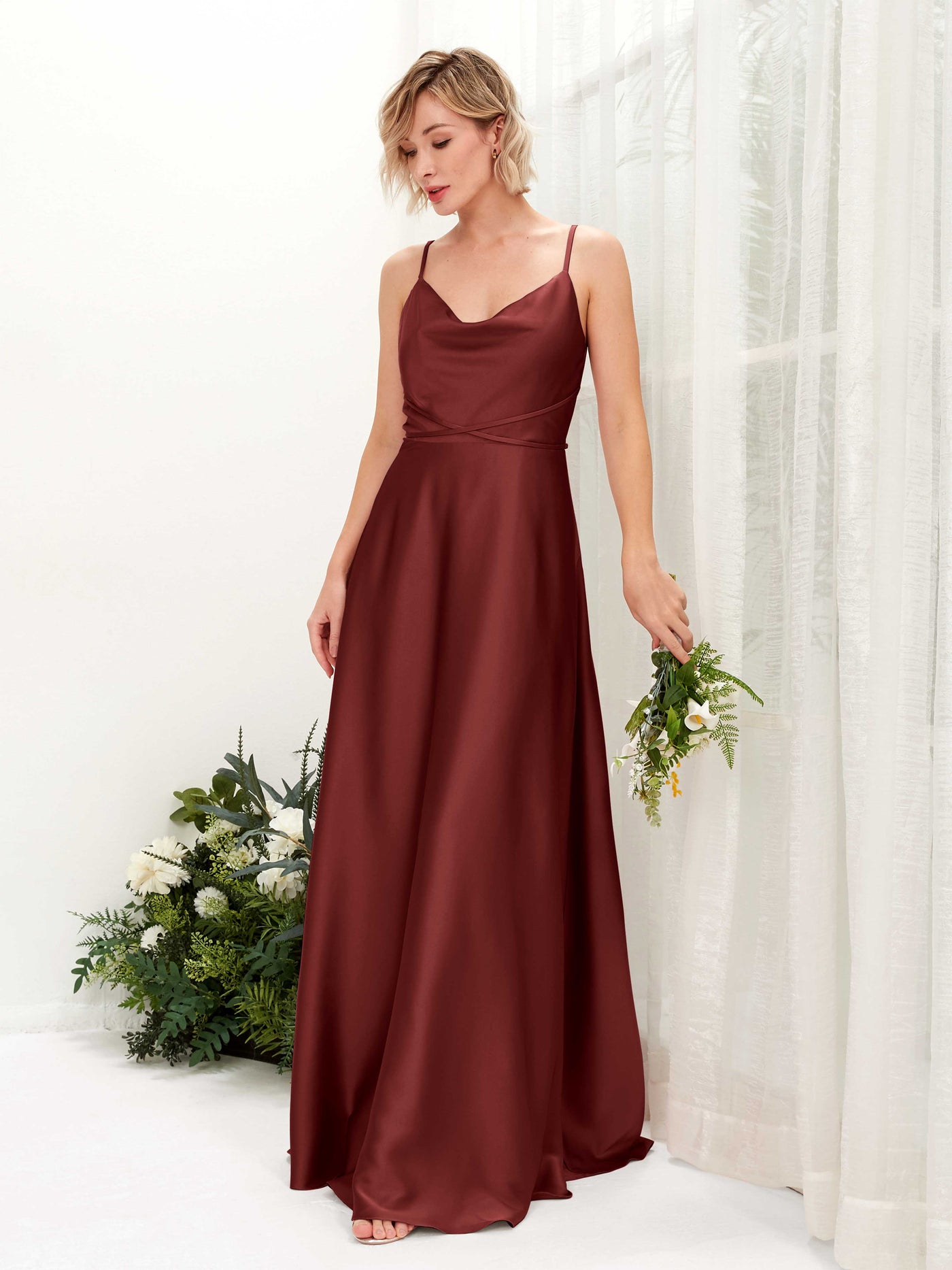 A-line Straps Sleeveless Satin Bridesmaid Dress - Burgundy (80223168)#color_burgundy
