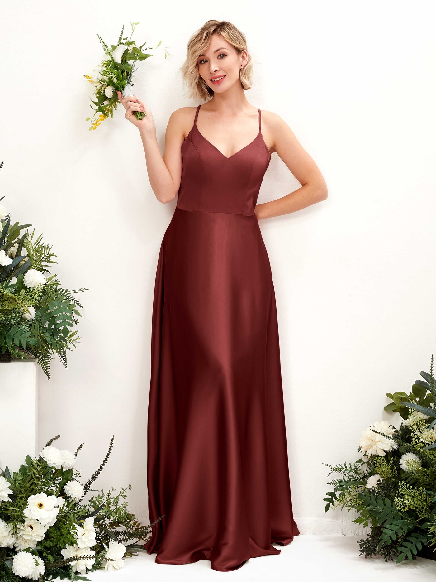 A-line Straps V-neck Satin Bridesmaid Dress - Burgundy (80224868)#color_burgundy